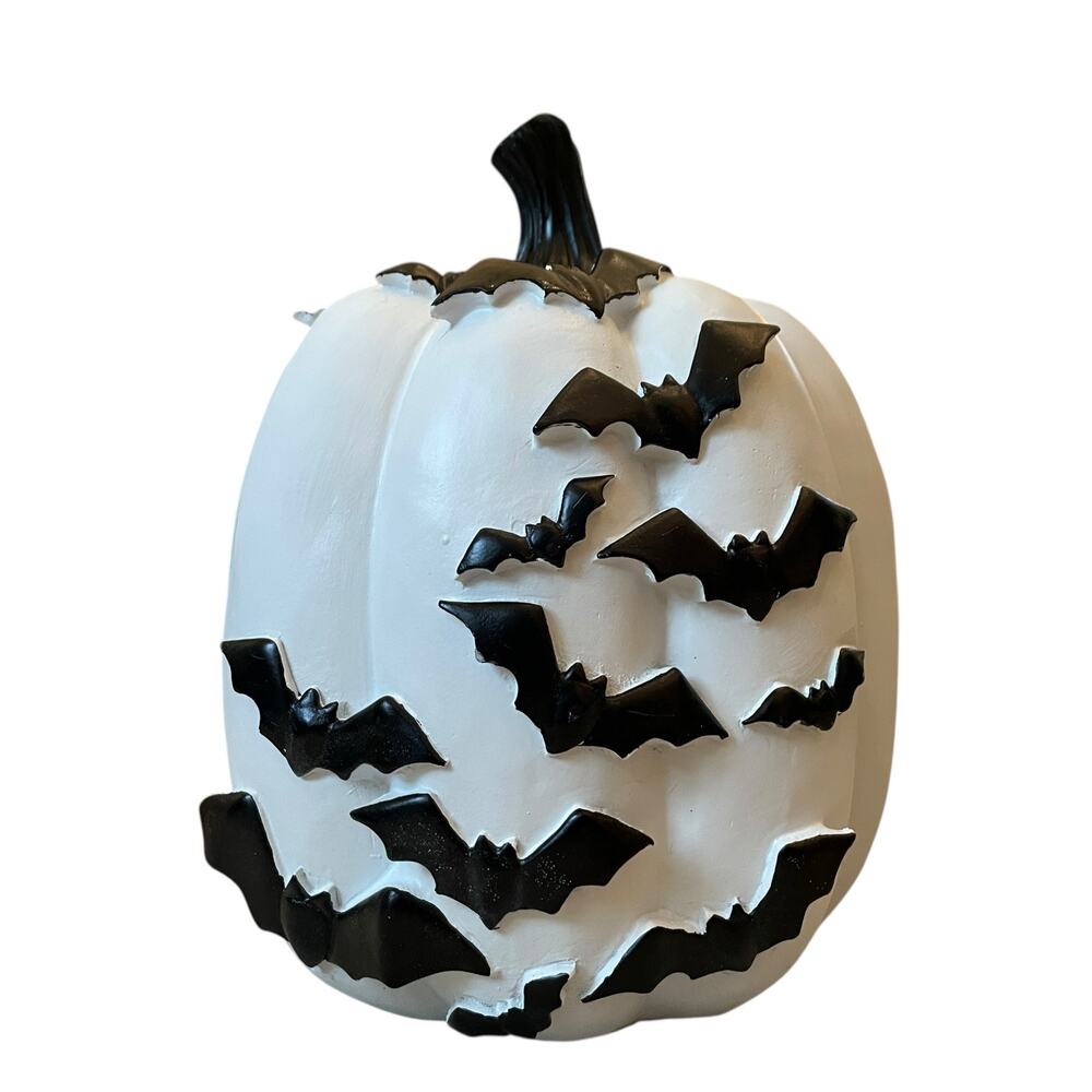 Black Flying Bats White Resin Pumpkin 12in Hauntingly Chic Halloween Decor NEW